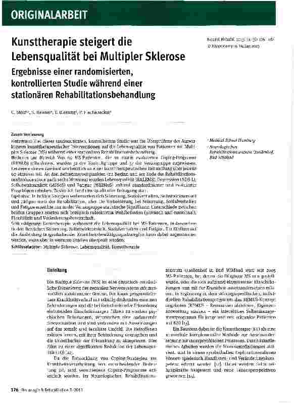 Vorschauseite 1: Kunsttherapie steigert die Lebensqualität bei Multipler SkleroseErgebnisse einer randomisierten, kontrollierten Studie während einer stationären Rehabilitationsbehandlung