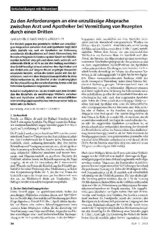 Vorschauseite 1: Zu den Anforderungen an eine unzulässige Absprache zwischen Arzt und Apotheker bei Vermittlung von Rezepten durch einen Dritten ApoG § 11 Abs. 1; ApoBO BW § 12; UWG §4 Nr. 11