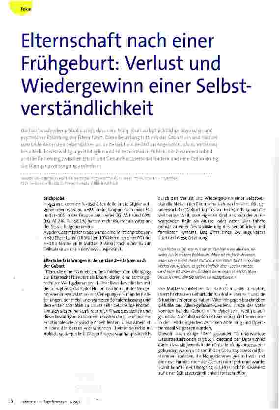 Vorschauseite 1: Elternschaft nach einer Frühgeburt: Verlust und Wiedergewinn einer Selbstverständlichkeit