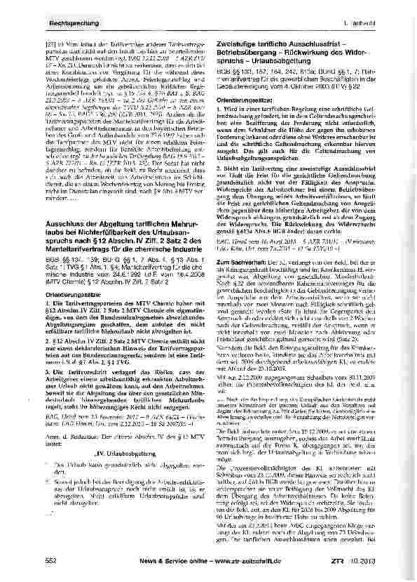 Vorschauseite 1: Ausschluss der Abgeltung tariflichen Mehrurlaubs bei Nichterfüllbarkeit des Urlaubsanspruchs nach §12 Abschn. IV Ziff. 2 Satz 2 des Manteltarifvertrags für die chemische Industrie