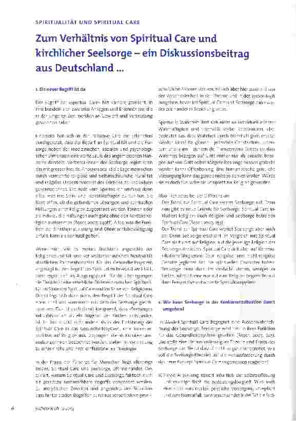 Vorschauseite 1: Zum Verhältnis von Spiritual Care und kirchlicher Seelsorge - ein Diskussionsbeitrag aus Deutschland. ..