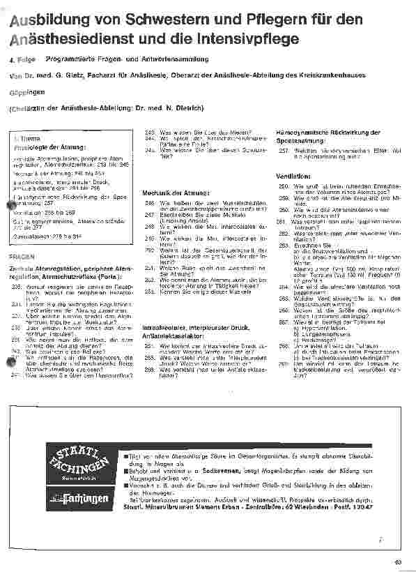 Vorschauseite 1: Ausbildung von Schwestern und Pflegern für den Anästhesiedienst und d. Intensivpflege/4. Folge: Progr. Fragenu. Antwortensammlung