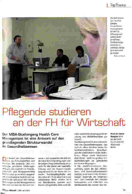 Vorschauseite 1: Pflegende studieren an der FH für Wirtschaft Der MBA-Studiengang Health Care Management ist eine Antwort auf den grundlegenden Strukturwandel im Gesundheitswesen