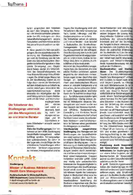 Vorschauseite 2: Pflegende studieren an der FH für Wirtschaft Der MBA-Studiengang Health Care Management ist eine Antwort auf den grundlegenden Strukturwandel im Gesundheitswesen
