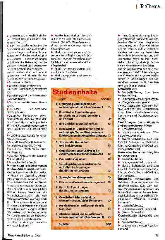Vorschauseite 3: Pflegende studieren an der FH für Wirtschaft Der MBA-Studiengang Health Care Management ist eine Antwort auf den grundlegenden Strukturwandel im Gesundheitswesen