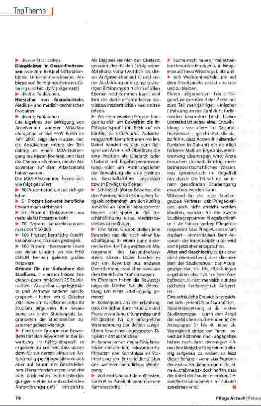 Vorschauseite 4: Pflegende studieren an der FH für Wirtschaft Der MBA-Studiengang Health Care Management ist eine Antwort auf den grundlegenden Strukturwandel im Gesundheitswesen