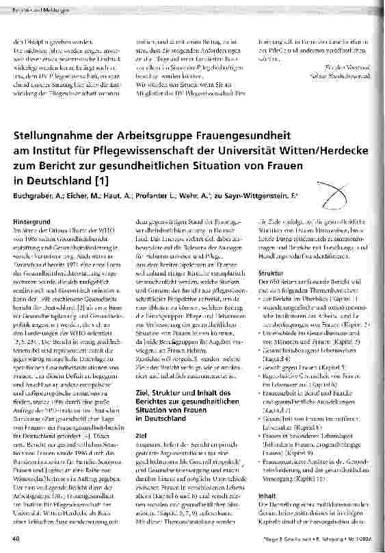 Vorschauseite 1: Stellungnahme der Arbeitsgruppe Frauengesundheit am Institut für Pflegewissenschaft der Universität Witten/Herdecke zum Bericht zur gesundheitlichen Situation von Frauen in Deutsc…