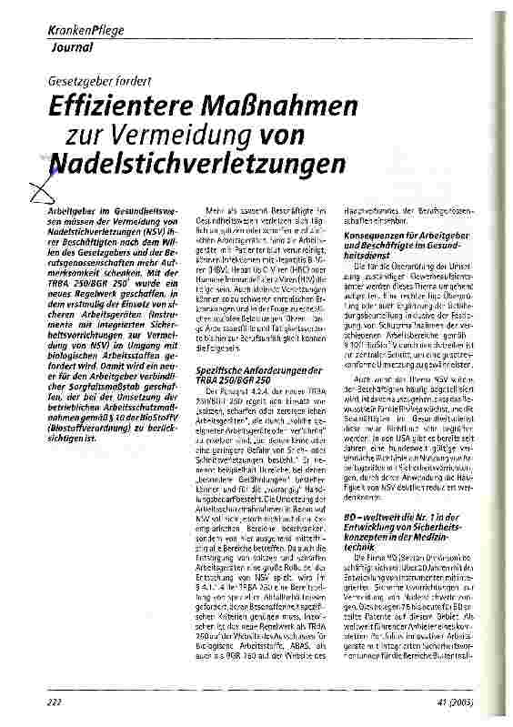 Vorschauseite 1: Effizientere Maßnahmen zur Vermeidung von Nadelstichverletzungen