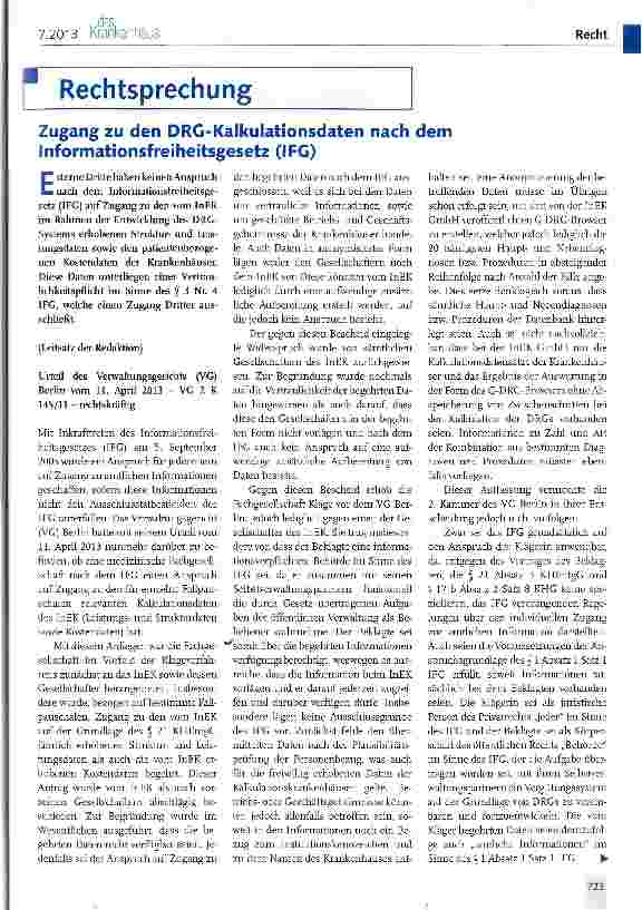 Vorschauseite 1: Zugang zu den DRG-Kalkulationsdaten nach dem Informationsfreiheitsgesetz (IFG)