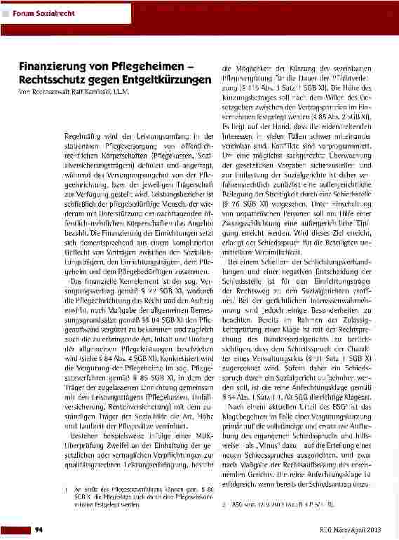 Vorschauseite 1: Finanzierung von Pflegeheimen -Rechtsschutz gegen Entgeltkürzungen