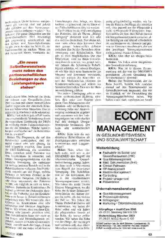 Vorschauseite 2: Gesundheitsreform 2003 - wo bleibt die Rehabilitation? KMA-Gespräch