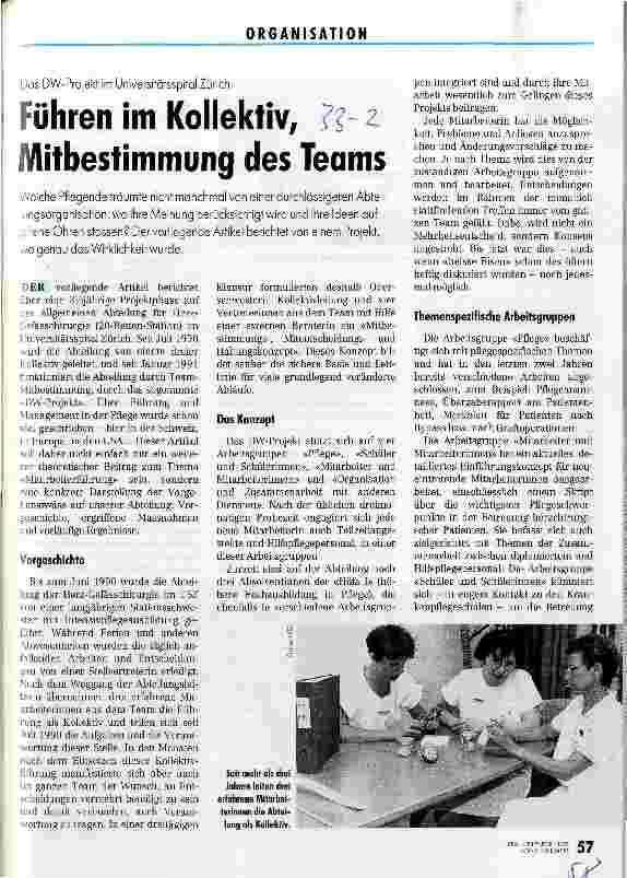 Vorschauseite 1: Führen im Kollektiv, Mitbestimmung des Teams Das DW-projekt im Universitätsspital Zürich