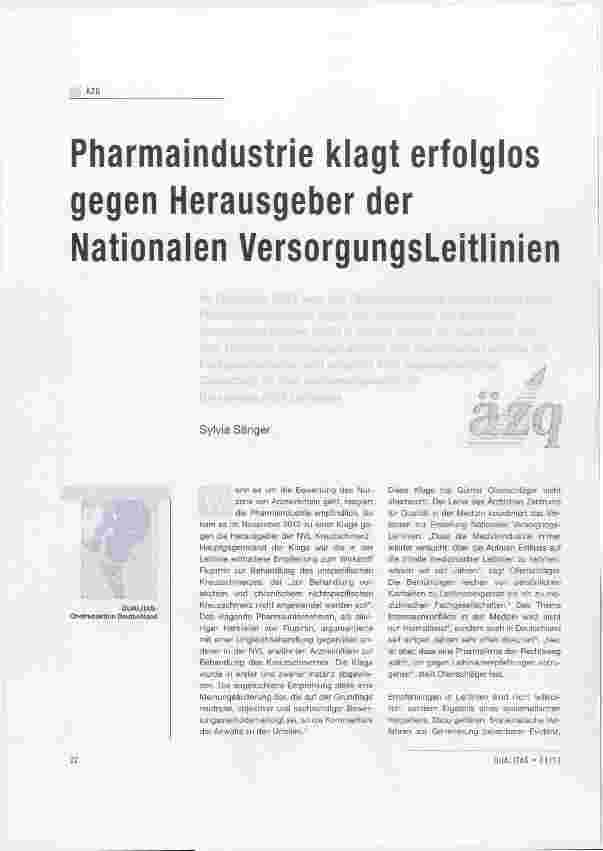 Vorschauseite 1: Pharmaindustrie kiagt erfolglos gegen Herausgeber der Nationalen VersorgungsLeitlinien