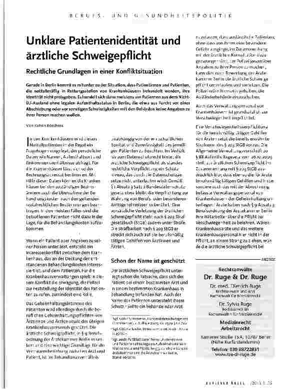 Vorschauseite 1: Unklare Patientenidentität und ärztliche Schweigepflicht