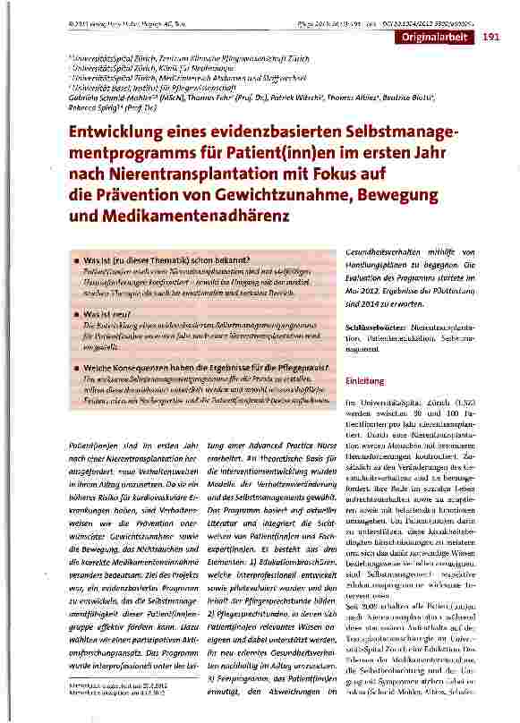 Vorschauseite 1: Entwicklung eines evidenzbasierten Selbstmanagementprogramms für Patient(inn)en im ersten Jahr nach Nierentransplantation mit Fokus auf die Prävention von Gewichtzunahme, Bewegung…