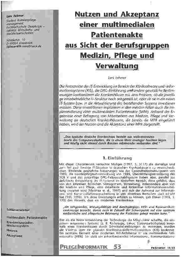 Vorschauseite 1: Nutzen und Akzeptanz einer multimedialen Patientenakte aus Sicht der Berufsgruppen Medizin, Pflege und Verwaltung