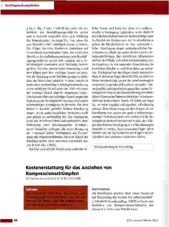 Vorschauseite 1: Kostenerstattung für das Anziehen von Kompressionsstrümpfen SG Aachen vom 4. 9. 2012 (S 13 KN 277/11 KR)