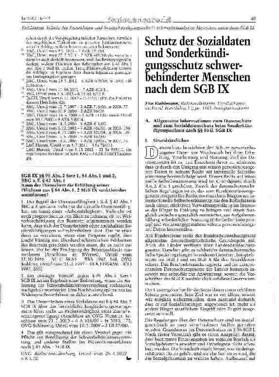 Vorschauseite 1: Schutz der Sozialdaten und Sonderkündigungsschutz schwerbehinderter Menschen nach dem SGB IX