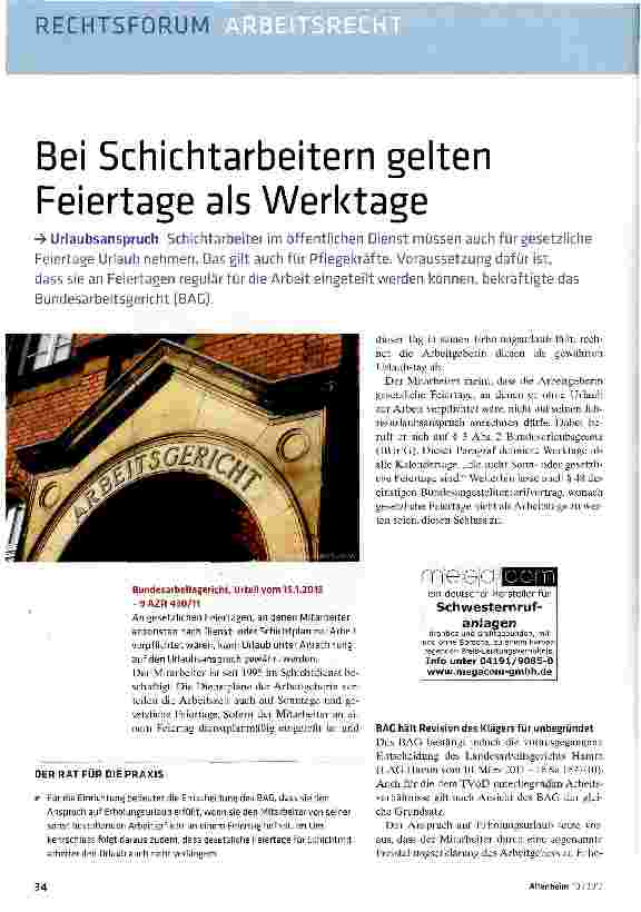 Vorschauseite 1: Bei Schichtarbeitern gelten Feiertage als Werktage