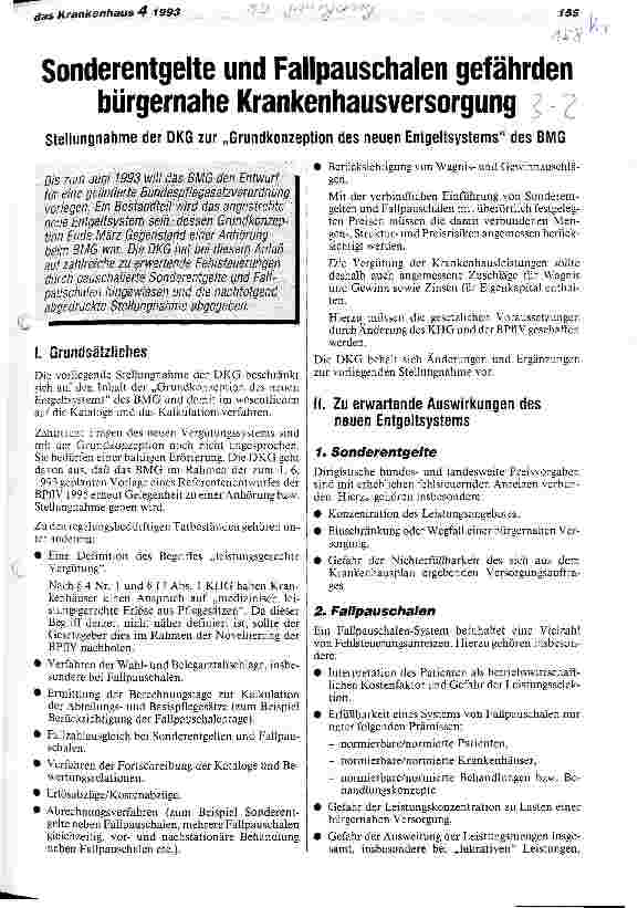 Vorschauseite 1: Sonderentgelte und Fallpauschalen gefährden bürgernahe Krankenhausversorgung Stellungnahme der Deutschen Krankenhausgesellschaft zur Grundkonzeption des neuen Entgeldsystems BMG