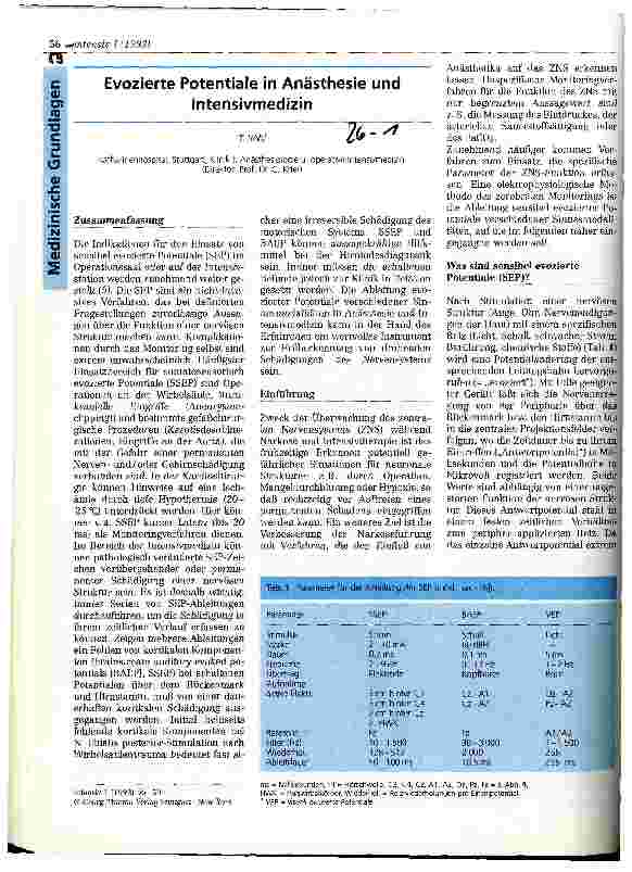 Vorschauseite 1: Evozierte Potentiale in Anästhesie und Intensivmedizin