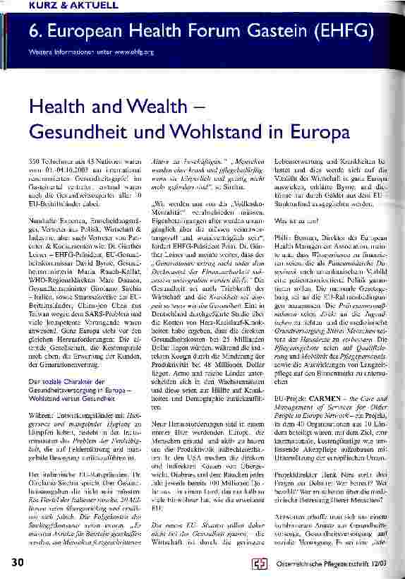 Vorschauseite 1: Health and Wealth - Gesundheit und Wohlstand in Europa 6. European Health Forum Gastein (EHFG)