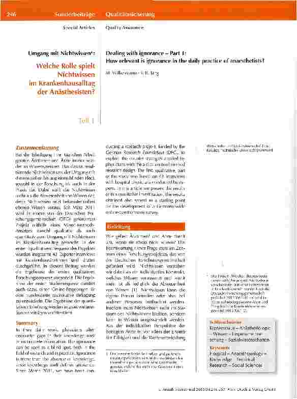 Vorschauseite 1: Umgang mit Nichtwissen*: Welche Rolle spielt Nichtwissen im Krankenhausalltag der Anästhesisten? Teil I