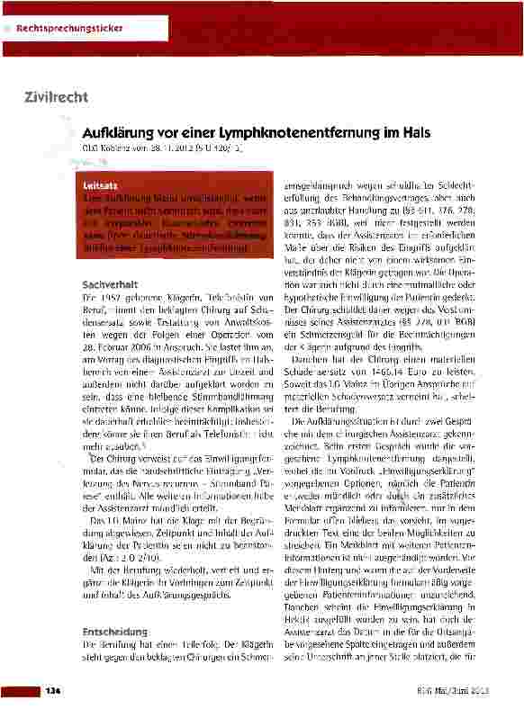 Vorschauseite 1: Aufklärung vor einer Lymphknotenentfernung im Hals OLG Koblenz vom 28.11.2012 (5 1 420/12)