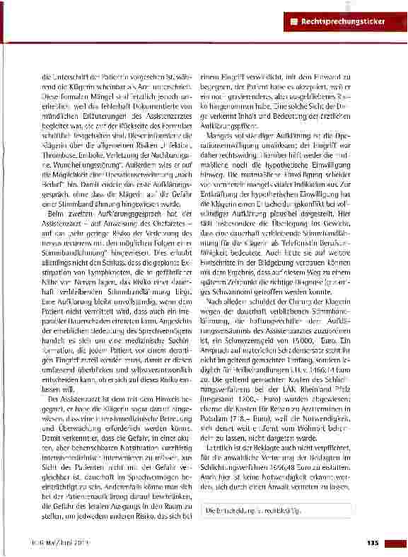 Vorschauseite 2: Aufklärung vor einer Lymphknotenentfernung im Hals OLG Koblenz vom 28.11.2012 (5 1 420/12)