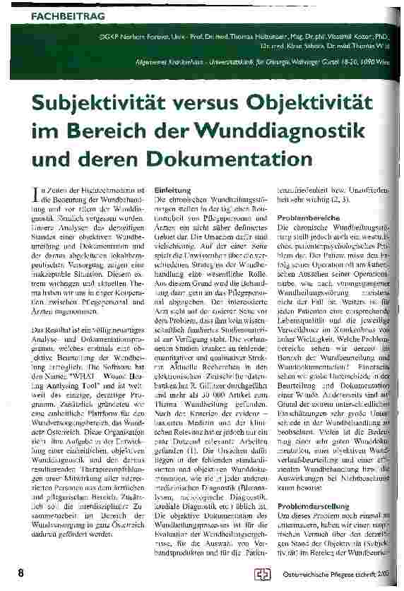 Vorschauseite 1: Subjektivität versus Objektivität im Bereich der Wunddiagnostik und deren Dokumentation