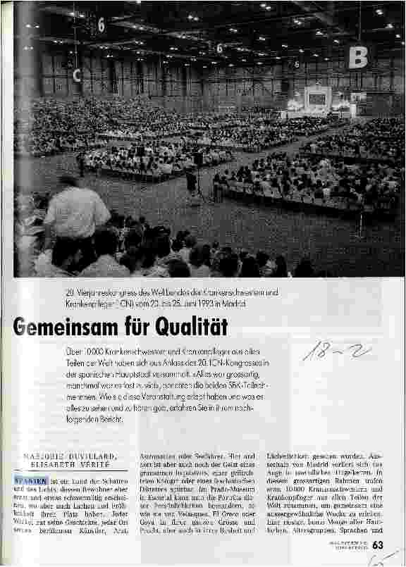 Vorschauseite 1: Gemeinsam für Qualität 20. Vierjahreskongreß des Weltbundes der Krankenschwestern und -pfleger vom 20. bis 25. Juni in Madrid