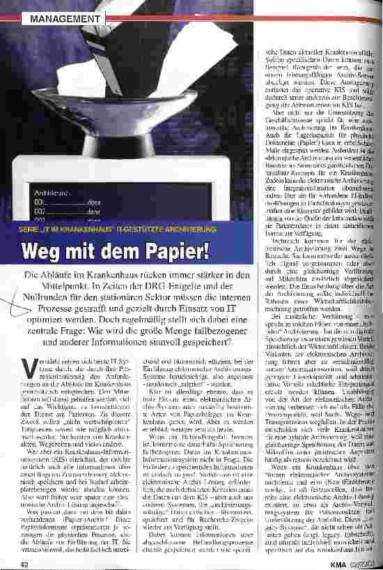 Vorschauseite 1: Weg mit dem Papier! Serie IT im Krankenhaus - IT-gestützte Archivierung