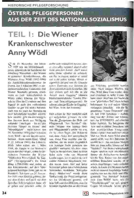 Vorschauseite 1: Österreichische Pflegepersonen aus der Zeit des Nationalsozialismus Teil 1: Die Wiener Krankenschweser Anny Wödl
