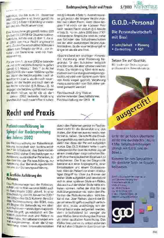 Vorschauseite 1: Patientenaufklärung im Spiegel der Rechtsprechung des Jahres 2002