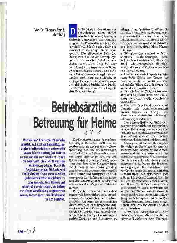 Vorschauseite 1: Betriebsärztliche Betreuung für Heime Konsequenzen aus dem EG-Recht