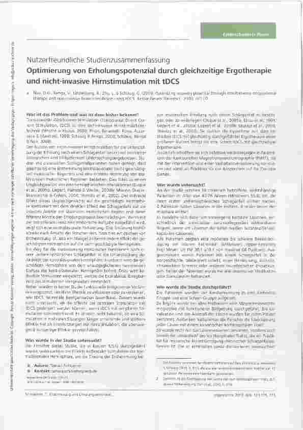 Vorschauseite 1: Nutzerfreundliche Studienzusammenfassung Optimierung von Erholungspotenzial durch gleichzeitige Ergotherapie und nicht-invasive Hirnstimulation mit tDCS