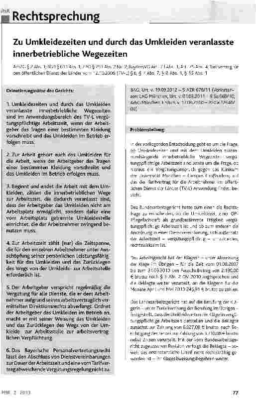 Vorschauseite 1: Zu Umkleidezeiten und durch das Umkleiden veranlasste innerbetriebliche Wegezeiten