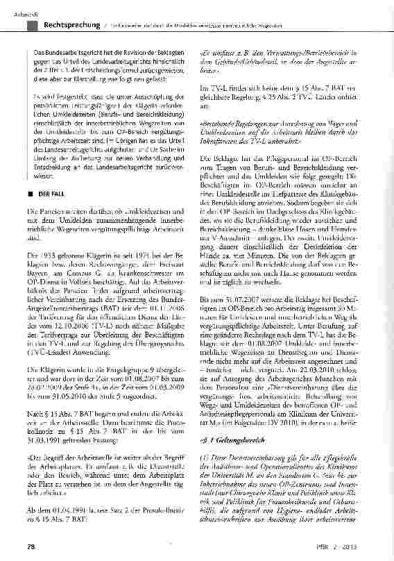 Vorschauseite 2: Zu Umkleidezeiten und durch das Umkleiden veranlasste innerbetriebliche Wegezeiten