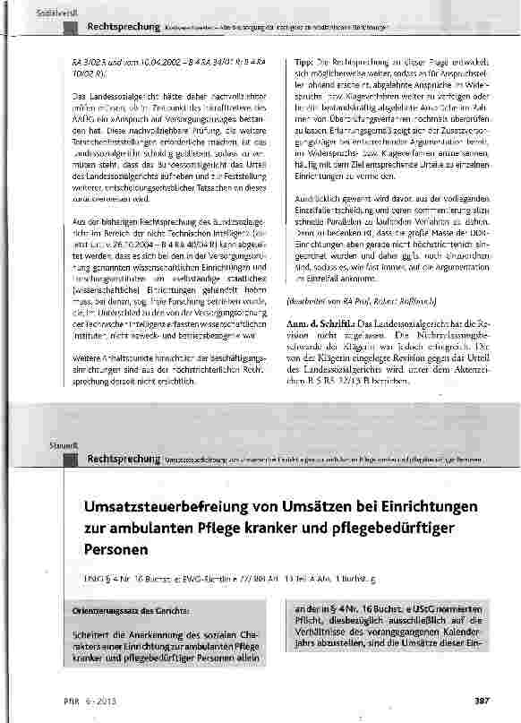 Vorschauseite 1: Umsatzsteuerbefreiung von Umsätzen bei Einrichtungen zur ambulanten Pflege kranker und pflegebedürftiger Personen UStG § 4 Nr. 16 Buchst, e; EWG-Richtlinie 77/388 Art. 13 Teil A A…