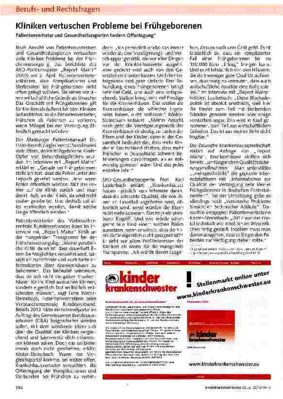 Vorschauseite 1: Kliniken vertuschen Probleme bei Frühgeborenen