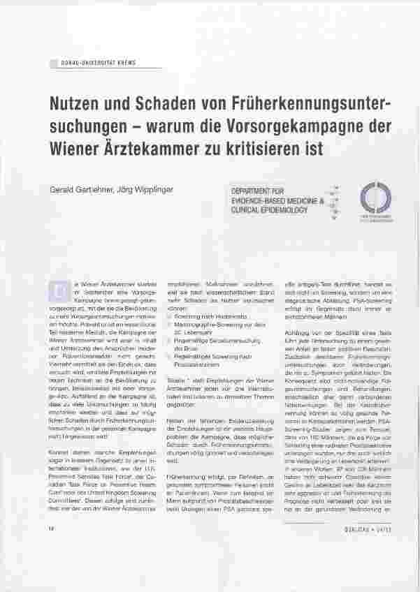 Vorschauseite 1: Nutzen und Schaden von Früherkennungsuntersuchungen warum die Vorsorgekampagne der Wiener Ärztekamme zu kritisieren ist