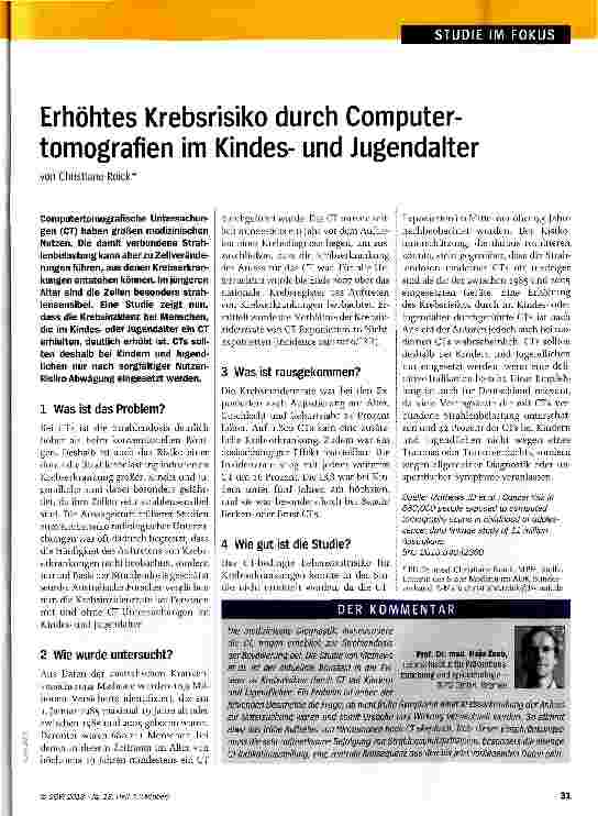 Vorschauseite 1: Erhöhtes Krebsrisiko durch Computer-tomografien im Kindesund Jugendalter