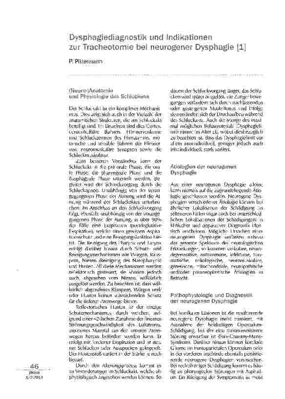 Vorschauseite 1: Dysphagiediagnostik und Indikatoren zur Tracheometrie bei neurogener Dysphagie