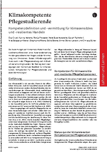 Vorschauseite 1: Klimakompetente Pflegestudierende: Kompetenzdefinition und -vermittlung für klimasensibles und -resilientes Handeln