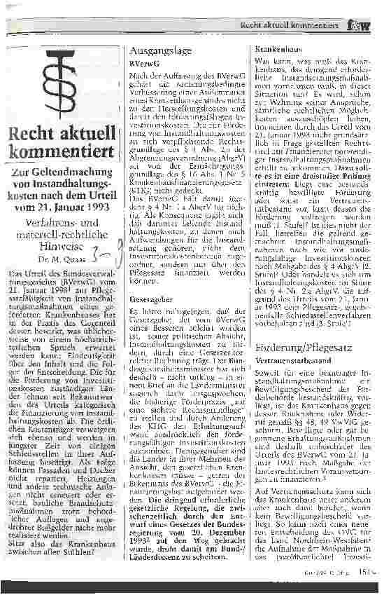 Vorschauseite 1: Zur Geltendmachung von Instandhaltungskosten nach dem Urteil vom 21. 1. 93 Verfahrensund materiell-rechtliche Hinweise