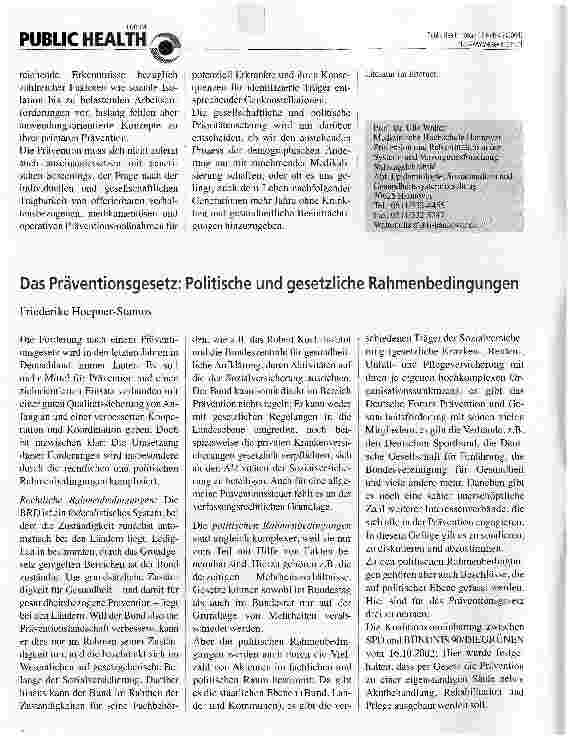 Vorschauseite 1: Das Präventionsgesetz: Politische und gesetzliche Rahmenbedingungen