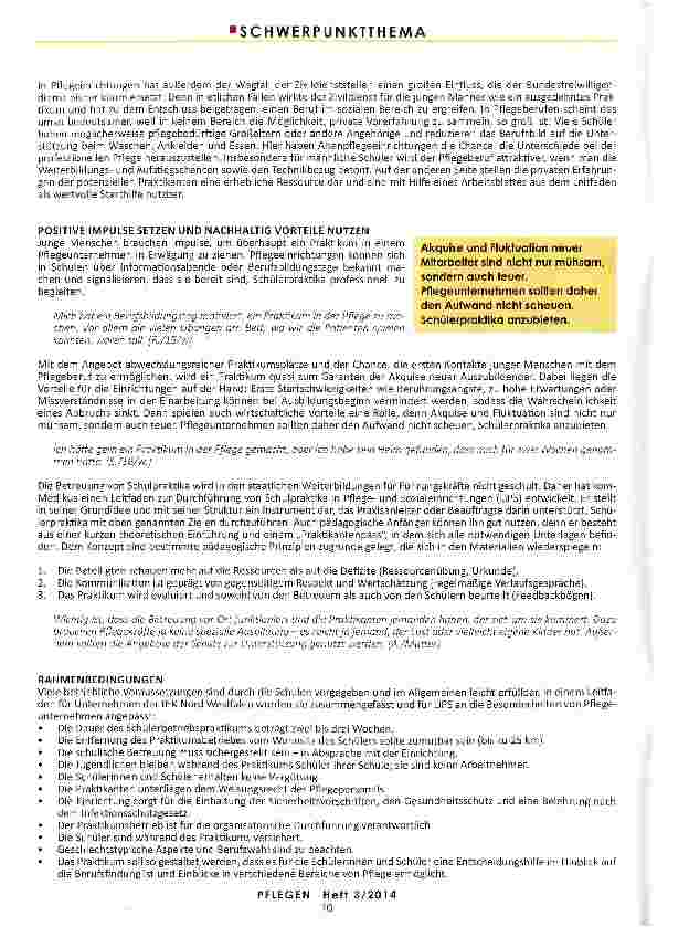 Vorschauseite 2: SCHÜLERPRAKTIKA IN DER PFLEGE Hürdenlauf statt Aufwärmtraining