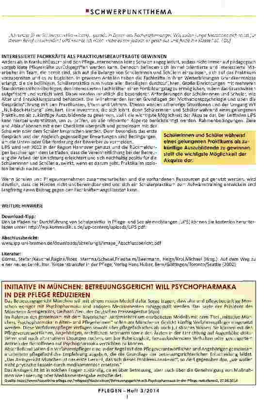 Vorschauseite 3: SCHÜLERPRAKTIKA IN DER PFLEGE Hürdenlauf statt Aufwärmtraining