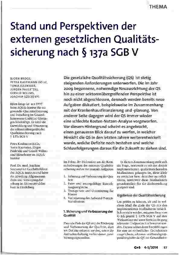 Vorschauseite 1: Stand und Perspektiven der externen gesetzlichen Qualitätssicherung nach § 137a SGB V