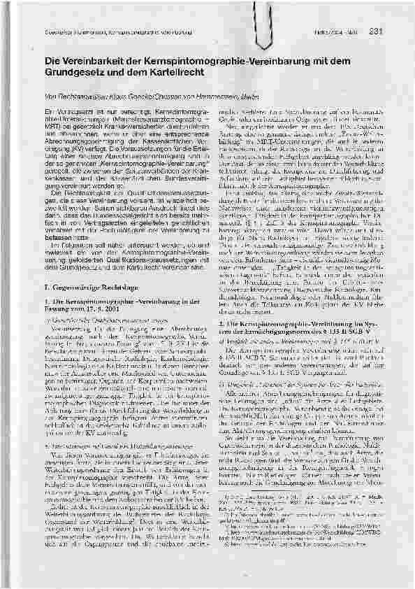 Vorschauseite 1: Die Vereinbarkeit der Kernspintomographie-Vereinbarung mit dem Grundgesetz und dem Kartellrecht